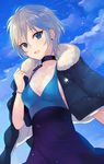  anastasia_(idolmaster) ashita_(2010) blue_eyes bracelet breasts choker cleavage cloud commentary_request day idolmaster idolmaster_cinderella_girls jewelry medium_breasts necklace open_mouth short_hair silver_hair sky smile solo star_(sky) starry_sky 