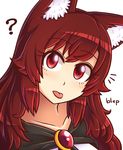  1girl :p ? animal_ear_fluff animal_ears bangs blush brooch capelet eyebrows_visible_through_hair gem head_tilt imaizumi_kagerou jewelry long_hair looking_at_viewer red_eyes red_hair simple_background solo sound_effects swept_bangs tareme tongue tongue_out touhou upper_body white_background wolf_ears wool_(miwol) 