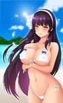  bangs bare_arms bare_shoulders beach bikini bloody0rabby blue_bow blue_sky blunt_bangs blush bow breast_hold breasts brown_eyes brown_hair cleavage closed_mouth cloud collarbone commentary_request covered_nipples cowboy_shot day flower girls_frontline groin hair_flower hair_ornament hairband hand_on_own_chest highres horizon large_breasts long_hair looking_at_viewer lowleg lowleg_bikini navel ocean outdoors petals qbz-95_(girls_frontline) signature sky smile solo standing stomach swimsuit very_long_hair water white_bikini white_hairband 