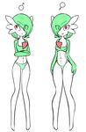  1boy 1girl breasts bulge cameltoe crossed_arms eyebrows_visible_through_hair eyes_visible_through_hair full_body gardevoir green_hair green_panties hair_over_one_eye hands_up highres looking_at_viewer no_humans panties pokemon pokemon_(creature) pokemon_rse red_eyes sealguy short_hair simple_background small_breasts smile standing trap underwear white_background 