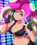  animeflux blue_eyes blush breasts cleavage crop_top edited iida_(splatoon) large_breasts midriff navel navel_piercing nintendo photoshop pink_pupils pink_tentacles purple_hair recolor splatoon splatoon_2 tentacle_hair v zipper 