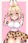  animal_ears bare_shoulders bespectacled blonde_hair bow bowtie breasts elbow_gloves fang glasses gloves heart highres kemono_friends large_breasts looking_at_viewer open_mouth pink_background red-framed_eyewear serval_(kemono_friends) serval_ears serval_print short_hair skirt solo yayoichi_(yoruyoru108) yellow_eyes 