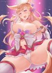  ahri animal_ears bare_shoulders blonde_hair blush bow bow_panties breasts breasts_apart breasts_outside cameltoe choker detached_sleeves eliskalti fox_ears fox_girl fox_tail groin hair_ornament hairband half-closed_eyes league_of_legends long_hair medium_breasts navel nipples open_mouth panties partially_visible_vulva purple_eyes skirt smile solo sparkle spread_legs star_guardian_ahri stomach strap_slip tail thighhighs thighs underwear white_panties 