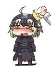  ahoge armor bangs black_dress blonde_hair blush chibi command_spell cowfee crying diadem dress eyebrows_visible_through_hair fate/grand_order fate_(series) fujimaru_ritsuka_(female) full_body gauntlets hand_on_another's_head highres hitting jacket jeanne_d'arc_(alter)_(fate) jeanne_d'arc_(fate)_(all) long_sleeves multiple_girls open_mouth out_of_frame riyo_(lyomsnpmp)_(style) sad short_hair signature simple_background solo_focus standing tearing_up tears thighhighs white_background white_jacket yellow_eyes 