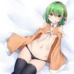  :q bangs bare_shoulders bed_sheet black_legwear black_panties blush breasts brown_dress chunithm closed_mouth collarbone commentary_request detached_collar dress eyebrows_visible_through_hair green_hair groin hair_between_eyes head_tilt headphones kyuukon_(qkonsan) looking_at_viewer lying medium_breasts navel no_bra on_back orange_eyes panties ribbon sky_feather sleeveless sleeveless_dress slit_pupils smile solo thighhighs tongue tongue_out underboob underwear white_ribbon wing_collar 