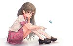  blush brown_hair bug butterfly closed_mouth eyebrows_visible_through_hair insect kneehighs lee_seok_ho loafers long_hair looking_away original pink_eyes pink_skirt shoes short_sleeves signature sitting skirt solo white_legwear 