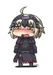  ahoge armor bangs black_dress blonde_hair blush chibi cowfee crying diadem dress eyebrows_visible_through_hair fate/grand_order fate_(series) full_body gauntlets highres jeanne_d'arc_(alter)_(fate) jeanne_d'arc_(fate)_(all) long_sleeves open_mouth riyo_(lyomsnpmp)_(style) sad short_hair signature simple_background solo standing tearing_up tears thighhighs white_background yellow_eyes 