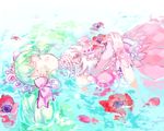  anemone_(flower) bow closed_eyes colored_eyelashes dress falulu flower gloves green_hair hair_bow hands_on_own_stomach jewelry lying necklace noromame on_back partially_submerged pearl_necklace pink_bow pink_dress pretty_(series) pripara puffy_short_sleeves puffy_sleeves red_flower short_sleeves solo tiara water 