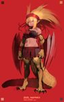  bike_shorts blonde_hair breasts character_request claws clenched_hands collar commentary_request copyright_name dual_wielding duel_masters full_body hairband holding jpeg_artifacts lizard_girl lizard_tail long_hair medium_breasts midriff monster_girl navel pointy_ears red_background red_eyes scales shield shorts single_strap solo standing stomach tail tan toned yoshizaki_mine 