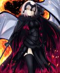  absurdres armor bad_id bad_pixiv_id bangs black_cape black_legwear blonde_hair breasts bullseye1203 cape commentary_request cowboy_shot embers fate/grand_order fate_(series) fire fur_collar fur_trim gauntlets headpiece highres holding holding_weapon jeanne_d'arc_(alter)_(fate) jeanne_d'arc_(fate)_(all) large_breasts looking_away parted_lips sheath short_hair side_slit smile solo standing sword teeth thighhighs vambraces weapon 