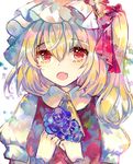  ascot bangs blonde_hair fang flandre_scarlet flower hat hat_ribbon mob_cap open_mouth puffy_short_sleeves puffy_sleeves red_eyes ribbon short_sleeves side_ponytail smile solo touhou upper_body vima white_background white_hat 