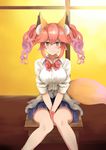  absurdres animal_ears blush breasts fate/extella fate/extra fate_(series) fox_ears fox_tail hair_ribbon highres japanese_clothes large_breasts looking_at_viewer pink_hair ribbon school_uniform sitting smile solo tail tamamo_(fate)_(all) tamamo_jk_(fate) yellow_eyes yonago_miko 