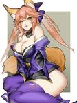  :p animal_ears bare_shoulders breasts cleavage commentary_request detached_collar detached_sleeves fate/extra fate_(series) fox_ears fox_tail hair_ribbon highres japanese_clothes kumiko_shiba large_breasts long_hair looking_at_viewer looking_to_the_side pink_hair purple_legwear purple_ribbon revision ribbon smile solo tail tamamo_(fate)_(all) tamamo_no_mae_(fate) thighhighs tongue tongue_out twintails yellow_eyes 