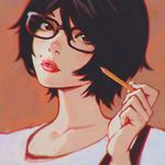  black-framed_eyewear black_hair brown_eyes chromatic_aberration face glasses ilya_kuvshinov lips mole mole_above_mouth nanjou_sachi oyasumi_punpun parted_lips pencil short_hair simple_background solo upper_body 