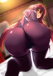  all_fours ass bad_leg bangs blush bodysuit dutch_angle eromoeba fate/grand_order fate_(series) highres indoors long_hair looking_at_viewer looking_back open_mouth purple_bodysuit purple_hair purple_legwear red_eyes scathach_(fate)_(all) scathach_(fate/grand_order) signature skin_tight solo 
