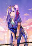  breasts cloud cloudy_sky earrings fate/grand_order fate_(series) flower hair_flower hair_ornament indian_clothes jewelry large_breasts long_hair looking_at_viewer matou_sakura necklace parvati_(fate/grand_order) purple_eyes purple_hair sky smile solo twilight yumaomi 