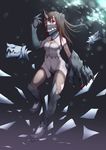  black_legwear breasts brown_hair claw_(weapon) codpiece demon_girl elbow_gloves full_body gloves hair_bun halterneck horn horn_piercing iwry long_hair mask medium_breasts red_eyes short_hair teeth thighhighs torn_clothes torn_legwear underwater weapon 