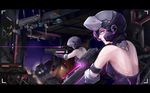  aiming android animal_print backless_outfit bare_shoulders bear_print blurry bokeh covered_eyes depth_of_field from_side gauntlets girls_frontline glowing glowing_eyes glowing_lines gun helmet helmet_over_eyes highres holding holding_gun holding_weapon laser_sight letterboxed looking_at_viewer multiple_girls night outdoors pink_eyes sangvis_ferri upper_body vespid_(girls_frontline) viewfinder weapon xyufsky 