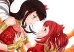  armlet black_hair bridal_gauntlets commentary_request eye_contact green_eyes hair_ornament hairclip hand_on_another's_chest hand_on_another's_hand head_grab holding_hands incest inferno_phoenix jyon kurosawa_dia kurosawa_ruby long_hair looking_at_another love_live! love_live!_sunshine!! mole mole_under_mouth multiple_girls parted_lips red_hair short_twintails siblings simple_background sisters twintails two_side_up white_background yuri 