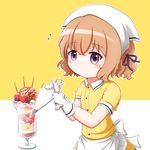  :o apron bangs blend_s blush brown_hair collared_shirt eyebrows_visible_through_hair food frilled_apron frills fruit gloves goth_risuto hair_between_eyes hair_ribbon head_scarf holding hoshikawa_mafuyu ice_cream looking_at_viewer md5_mismatch parfait parted_lips pastry_bag pocky purple_eyes purple_ribbon ribbon shirt short_hair short_sleeves simple_background skirt solo stile_uniform strawberry tareme two-tone_background uniform waist_apron waitress white_apron white_background white_gloves yellow_background yellow_shirt yellow_skirt 