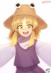  :d bangs blonde_hair blouse brown_hat dated eyebrows_visible_through_hair hair_tie hat j.k. long_hair long_sleeves looking_at_viewer moriya_suwako open_mouth outstretched_arms purple_skirt purple_vest simple_background skirt smile solo spread_arms teeth touhou twitter_username upper_body vest white_background white_blouse yellow_eyes 