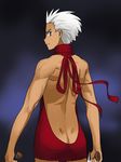  archer brown_eyes commentary_request dark_skin dark_skinned_male fate/stay_night fate_(series) hirai_yukio kanshou_&amp;_bakuya male_focus meme_attire solo sword virgin_killer_sweater weapon white_hair 