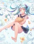  barefoot black_skirt blue_eyes blue_hair blush closed_mouth collarbone eyebrows_visible_through_hair flower hatsune_miku long_hair looking_at_viewer md5_mismatch ozzingo skirt smile solo twintails underwater vocaloid 