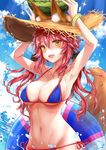  animal_ears armpits arms_up bikini blue_bikini blue_sky breasts cloud day ears_through_headwear fang fate/grand_order fate_(series) food fox_ears fox_tail fruit hat highres long_hair looking_at_viewer medium_breasts navel ocean open_mouth pink_hair side-tie_bikini sky slit_pupils smile solo sparkle straw_hat sun_hat swimsuit tail tamamo_(fate)_(all) tamamo_no_mae_(swimsuit_lancer)_(fate) watermelon yellow_eyes zhi_yu_(siro800102) 