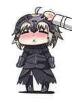  :&lt; =_= ahoge armor bangs black_dress blonde_hair blush chibi closed_eyes closed_mouth command_spell cowfee diadem dot_nose dress eyebrows_visible_through_hair fate/grand_order fate_(series) frown fujimaru_ritsuka_(female) full_body gauntlets hand_on_another's_head highres jacket jeanne_d'arc_(alter)_(fate) jeanne_d'arc_(fate)_(all) long_sleeves multiple_girls out_of_frame petting riyo_(lyomsnpmp)_(style) sad short_hair signature simple_background solo_focus standing thighhighs white_background white_jacket 