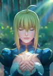  absurdres ahoge artoria_pendragon_(all) blonde_hair blue_dress blue_ribbon blurry blurry_background breasts cleavage_cutout closed_eyes closed_mouth commentary_request dappled_sunlight depth_of_field dress facing_viewer fate/stay_night fate_(series) fateline_alpha flower forest hair_between_eyes hair_ribbon highres holding holding_flower juliet_sleeves long_sleeves medium_breasts nature pink_lips puffy_sleeves realistic ribbon saber shirt sidelocks solo sunlight tree white_shirt 
