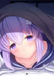  :3 blush collarbone d-pad d-pad_hair_ornament daiaru hair_between_eyes hair_ornament hairclip hood hooded_jacket jacket looking_at_viewer neptune_(choujigen_game_neptune) neptune_(series) purple_eyes purple_hair short_hair smile under_covers 