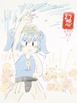  blue_hair blush commentary fundoshi gensoukoumuten hair_bobbles hair_ornament hat highres japanese_clothes kawashiro_nitori key leotard short_hair sumo touhou two_side_up 