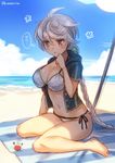 alternate_costume asymmetrical_hair bare_legs barefoot beach blue_sky braid breasts brown_eyes cleavage cloud crab day kantai_collection large_breasts long_hair looking_down mika_(1020mk) navel outdoors silver_hair single_braid sitting sky swimsuit translated unryuu_(kantai_collection) very_long_hair water wavy_hair 