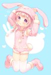 :p animal_ears animal_hood arms_up bangs blush boots braid bunny_ears bunny_hood bunny_tail closed_mouth commentary_request detached_sleeves eyebrows_visible_through_hair fingernails full_body fur-trimmed_sleeves fur_trim hair_over_shoulder head_tilt heart hood hood_up looking_at_viewer low_twintails onesie original pink_eyes pink_footwear pink_hair pink_hoodie pocket polka_dot_footwear polka_dot_hoodie polka_dot_sleeves smile solo star tail tareme thighhighs tongue tongue_out twin_braids twintails usashiro_mani white_legwear 