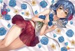  bangle belly_peek blue_flower blue_hair blue_rose blush bracelet closed_mouth company_name copyright_name english eyebrows_visible_through_hair flower hair_between_eyes hair_flower hair_ornament hands_on_own_chest head_tilt jewelry looking_at_viewer lying matsusatoru_kouji nakanobe_mayumi official_art on_back petals pleated_skirt red_flower red_rose red_skirt rose sailor_collar shirt shizuku_no_oto short_hair skirt sleeveless sleeveless_shirt smile solo yellow_eyes 