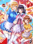  :d :o ;d apron bangs black_footwear blend_s blonde_hair blue_eyes blue_shirt blue_skirt blunt_bangs blurry_foreground blush brown_hair cake cherry collared_shirt commentary_request eyebrows_visible_through_hair food frilled_apron frills fruit girl_sandwich gloves hair_between_eyes hand_on_another's_hip head_scarf highres hinata_kaho holding holding_plate hoshikawa_mafuyu interlocked_fingers long_hair looking_away looking_to_the_side low_twintails mary_janes multiple_girls one_eye_closed open_mouth parted_lips pink_shirt pink_skirt plate pleated_skirt pom_pom_(clothes) puffy_short_sleeves puffy_sleeves purple_eyes purple_hair sakuranomiya_maika sandwiched shirt shoes short_hair short_sleeves single_stripe skirt slice_of_cake smile standing standing_on_one_leg stile_uniform strawberry strawberry_shortcake sweets swordsouls tareme thighhighs twintails uniform very_long_hair wafer_stick waist_apron waitress white_apron white_gloves white_legwear yellow_shirt yellow_skirt zettai_ryouiki 
