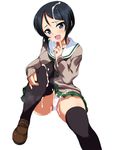  :d alternate_costume bangs black_eyes black_hair black_legwear black_neckwear brown_footwear brown_sweater bukkake cameltoe chouno_ami covered_nipples crotch_seam cum feet_out_of_frame finger_to_mouth girls_und_panzer green_skirt heart highres leg_hug loafers long_sleeves looking_at_viewer miniskirt neckerchief ooarai_school_uniform open_mouth ouhashi panties pleated_skirt school_uniform serafuku shoes short_hair sitting skirt smile solo sweater swept_bangs thighhighs underwear white_panties winter_uniform 