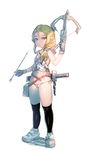  armor arrow bag bare_shoulders black_legwear blonde_hair blue_eyes bow_(bhp) bow_(weapon) breastplate crossbow full_body gloves holding_arrow kneehighs long_hair looking_at_viewer low_ponytail navel original panties parted_lips pointy_ears ponytail quiver sheath sheathed shoes simple_background solo standing sword underwear weapon white_background white_panties 