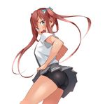  asagumo_(kantai_collection) ass black_shorts blush cowboy_shot from_side fumikiri green_eyes grey_skirt hair_tie hands_on_hips kantai_collection long_hair looking_at_viewer open_mouth pleated_skirt red_hair shirt short_sleeves shorts shorts_under_skirt simple_background skirt solo standing twintails underwear very_long_hair white_background white_shirt 