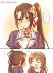  2koma ^_^ ^o^ ashigara_(kantai_collection) black_hair blush brown_eyes brown_hair closed_eyes closed_mouth comic embarrassed flying_sweatdrops gloves hairband heart kantai_collection long_hair mika_(1020mk) multiple_girls nachi_(kantai_collection) ponytail remodel_(kantai_collection) side_ponytail sweatdrop twitter_username uniform wavy_hair white_gloves 