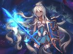  ahoge armor armored_dress asaoka_(0x0) black_gloves black_legwear breastplate dark_skin dragon dress frown gloves granblue_fantasy long_hair mini_dragon red_eyes ribbon shield short_dress solo sword tail tail_ribbon thighhighs very_long_hair weapon white_hair zooey_(granblue_fantasy) 