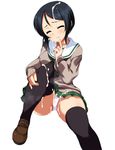  alternate_costume bangs black_hair black_legwear black_neckwear brown_footwear brown_sweater bukkake cameltoe chouno_ami closed_eyes closed_mouth covered_nipples crotch_seam cum facing_viewer feet_out_of_frame finger_to_mouth girls_und_panzer green_skirt highres leg_hug loafers long_sleeves miniskirt neckerchief ooarai_school_uniform ouhashi panties pantyshot pantyshot_(sitting) pleated_skirt school_uniform serafuku shoes short_hair simple_background sitting skirt smile solo sweater swept_bangs thighhighs underwear white_background white_panties winter_uniform 