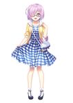  :d black-framed_eyewear capura_lin dress fate/grand_order fate_(series) full_body glasses hair_over_one_eye lavender_hair looking_at_viewer mash_kyrielight open_mouth plaid plaid_dress purple_eyes short_hair simple_background smile solo standing white_background 