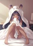  animal_ears blanket blush clock closed_mouth dark_skin embarrassed facepaint facial_mark fate/grand_order fate_(series) indoors jackal_ears knees_up lamp naked_sheet nitocris_(fate/grand_order) nitocris_(swimsuit_assassin)_(fate) nose_blush nude on_bed ouka_(ra-raradan) purple_eyes purple_hair sitting solo thighs 