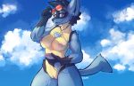  2019 5_fingers anthro athletic aviator_glasses black_fur black_hair blue_fur breasts clitoris cloud conditional_dnp erin_(kawfee) eyewear female fur glasses hair half-closed_eyes headphones hip_fluff kawfee looking_at_viewer lucario nintendo nipples nude outside phone pok&eacute;mon pok&eacute;mon_(species) pok&eacute;morph pussy red_eyes short_hair shoulder_fluff sky smile smirk solo spike_(disambiguation) standing thick_thighs video_games yellow_fur 