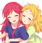  :d aikatsu! aikatsu!_(series) bangs blonde_hair blue_shirt blush closed_eyes facing_viewer green_shirt highres hug hug_from_behind laughing long_hair multiple_girls open_mouth otoshiro_seira parted_lips pink_hair saegusa_kii sekina shirt short_sleeves simple_background smile white_background 