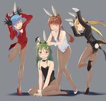  ^_^ ^o^ animal_ears asymmetrical_hair black_gloves black_leotard blonde_hair blue_hair blush brown_hair brown_legwear bunny_ears bunny_pose bunny_tail bunnysuit closed_eyes coattails crescent crescent_hair_ornament crescent_moon_pin fake_animal_ears fumizuki_(kantai_collection) gahaku gloves green_eyes green_hair grey_background grin hair_ornament kantai_collection leotard long_hair long_sleeves low_twintails minazuki_(kantai_collection) multiple_girls nagatsuki_(kantai_collection) open_mouth pantyhose ponytail satsuki_(kantai_collection) shadow short_hair simple_background smile tail twintails white_gloves white_leotard yellow_eyes 