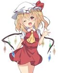  amashi_(qcmrq906) arm_behind_back ascot bad_id bad_pixiv_id bangs blonde_hair cowboy_shot fang flandre_scarlet hat hat_ribbon highres looking_at_viewer miniskirt mob_cap one_eye_closed open_mouth red_eyes red_ribbon red_skirt ribbon short_sleeves simple_background skirt skirt_set smile solo touhou vest waving white_background white_hat wings 