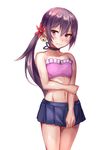  akebono_(kantai_collection) bell bikini blue_skirt blush breasts choker collarbone embarrassed flower fumikiri hair_bell hair_between_eyes hair_flower hair_ornament hand_on_leg hand_on_own_arm holding_arm jingle_bell kantai_collection long_hair looking_at_viewer navel pleated_skirt purple_bikini purple_eyes purple_hair shiny shiny_hair side_ponytail simple_background skirt small_breasts solo standing strapless strapless_bikini swimsuit upper_body white_background 