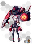  absurdres benghuai_xueyuan black_footwear black_legwear breasts bronya_zaychik copyright_name drill_hair fingerless_gloves full_body gloves halsou hexagon highres honkai_impact mecha pointing pointing_at_viewer red_eyes silver_hair small_breasts solo standing twin_drills 